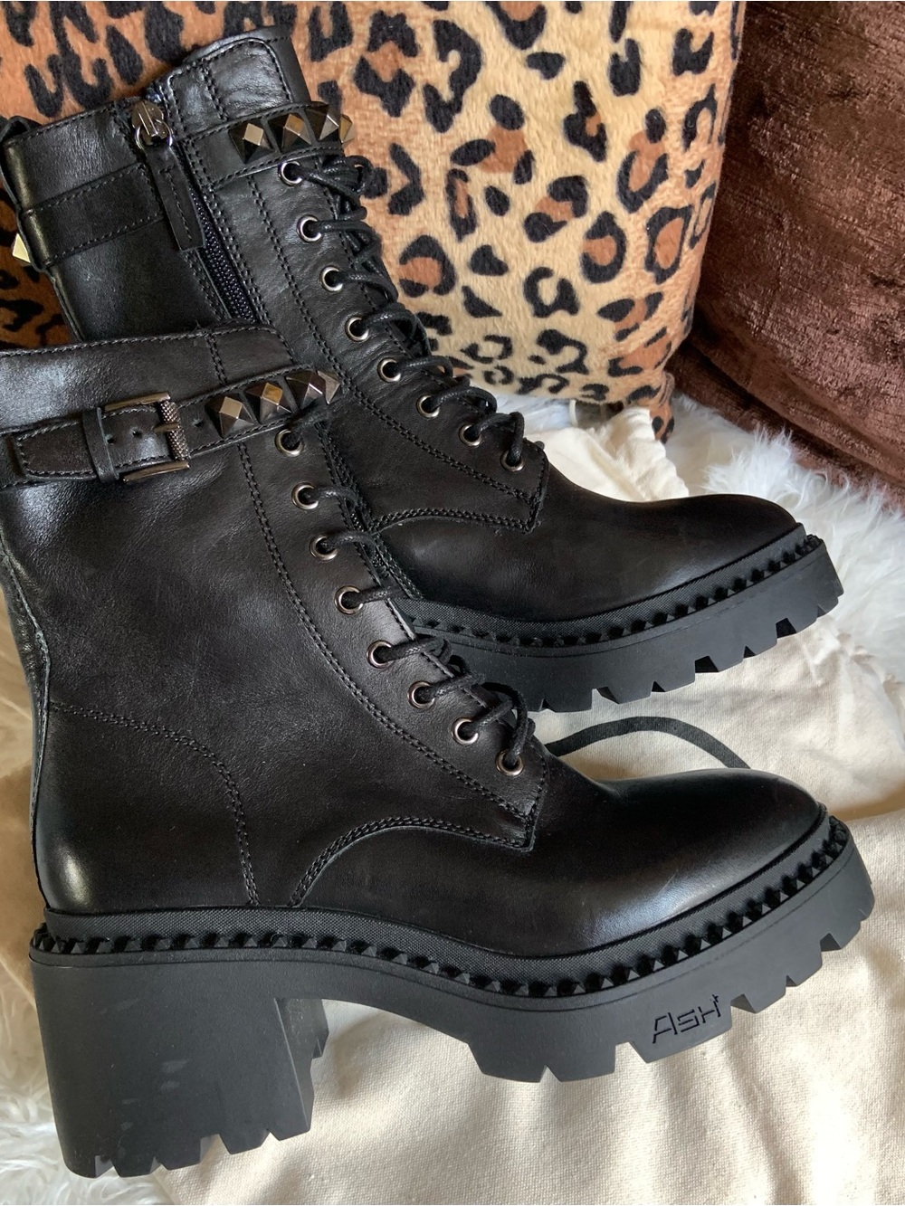 Ash Black Studded Lace-Up Combat Boots